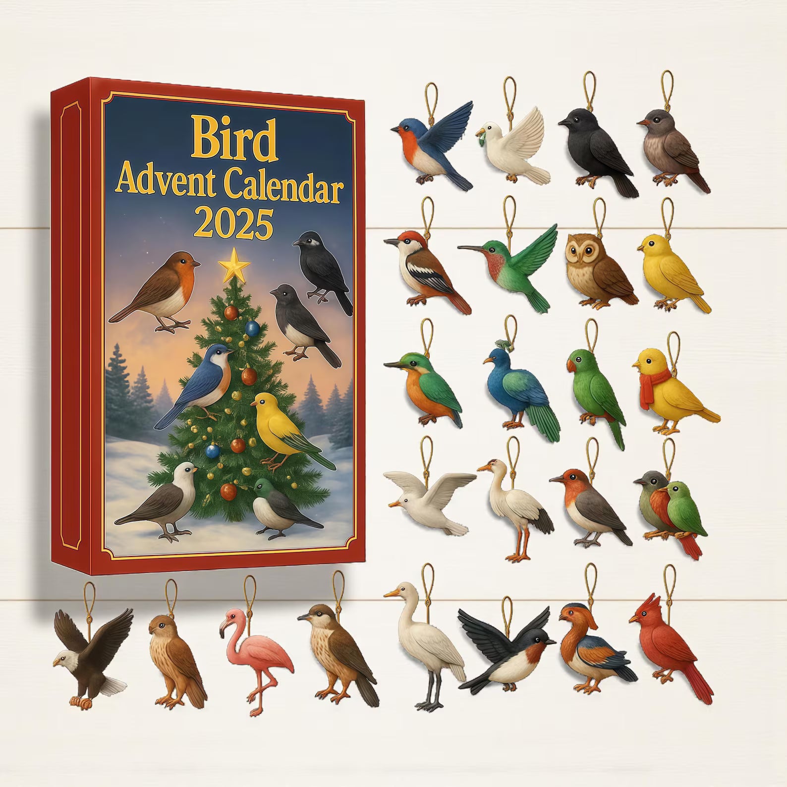 2D akryl fugle adventskalendersett: 24 juletrepynt